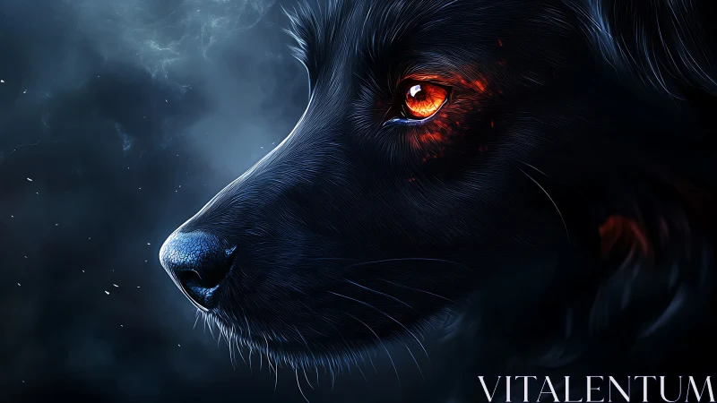 Fiery eyed black dog gazes into a quiet, stormy night
