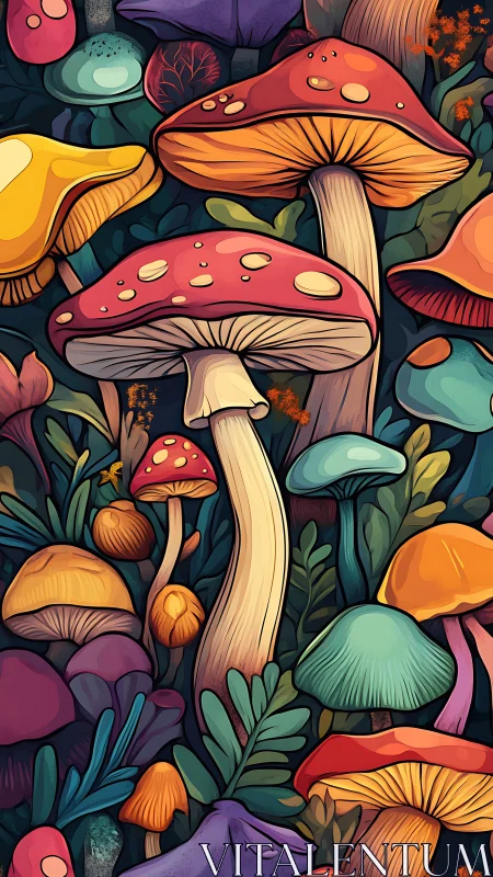 Vibrant stylized forest mushrooms in dense illustrative cluster