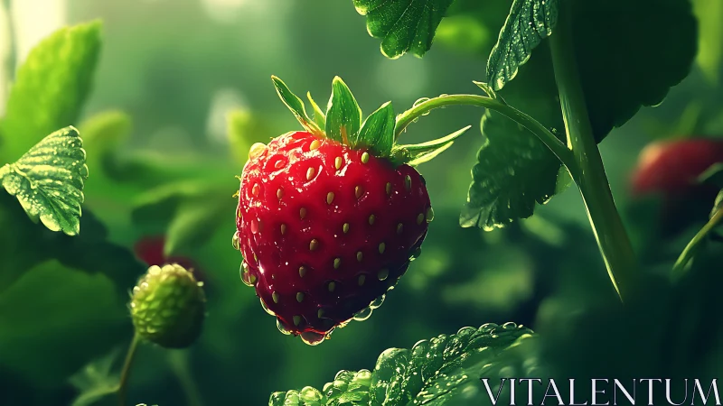 Sunlit garden strawberry sparkling with morning dew.