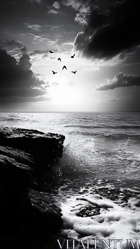 Stormy monochrome shoreline captures waves under brooding sky
