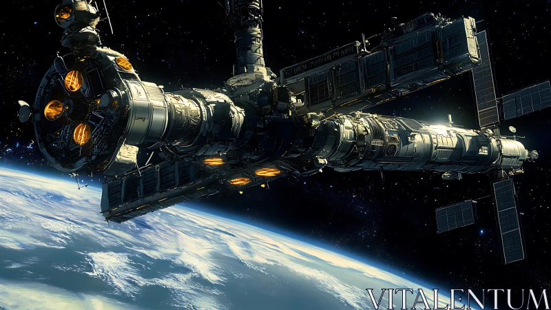 Detailed orbital space station above Earth in sunlight.