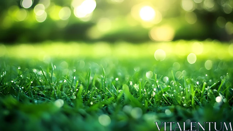 Close surface view of wet grass with blurred foliage bokeh.