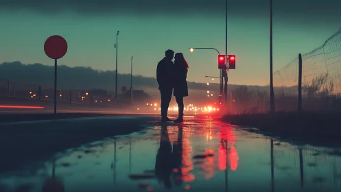 Urban couple embrace at dusk beneath traffic lights.