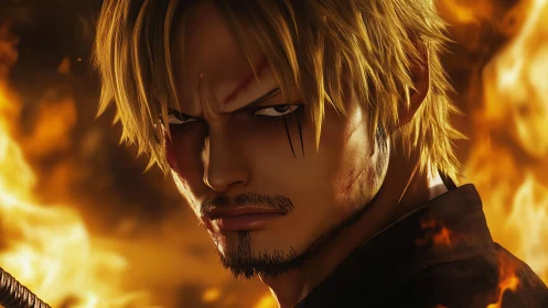 Smoldering blond warrior in close-up amid blazing inferno.