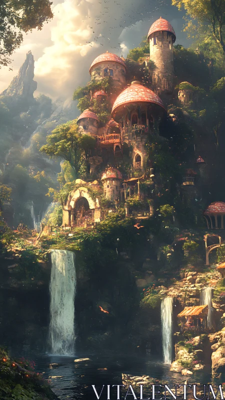 Mushroom turret citadel above twin whispering waterfalls.