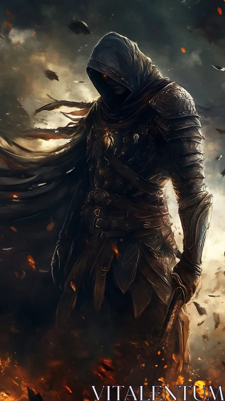 Dark hooded warrior in molten embers, dramatic digital painting.