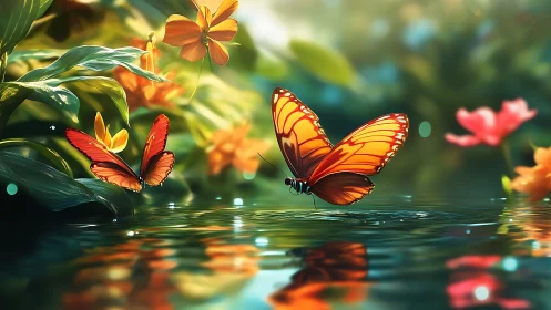 Golden butterflies dancing gently above a tranquil pond.