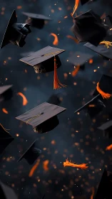 Graduation caps suspended midair with cinematic depth of field