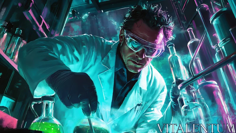 Intense chemist manipulates glowing liquids in neon lab