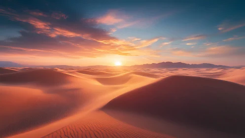 Low-angle desert dunes at sunrise with soft volumetric lighting