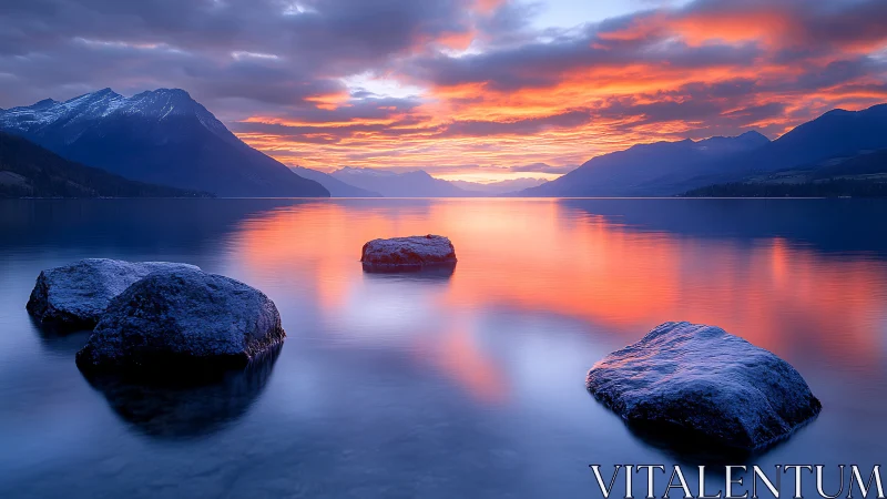 Fiery sunrise glows over tranquil lake and snowy peaks.