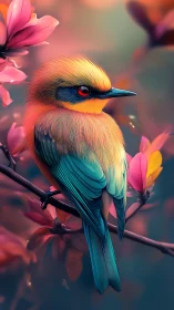 Colorful stylized songbird perched among pink blossoms.