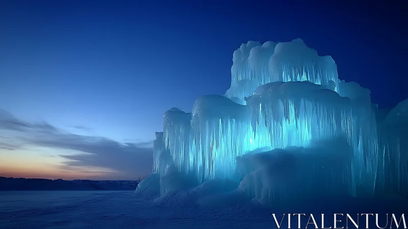 Glowing winter ice castle softly shining at blue twilight.