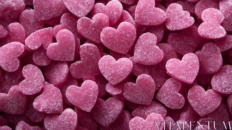 Pink sugar-coated heart-shaped confections arranged densely together.