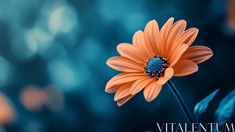 Orange Daisy with Teal Disk Floret Center Against Defocused Teal Bokeh Background