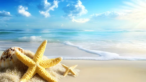 Sunlit starfish rest gently on a calm turquoise shoreline