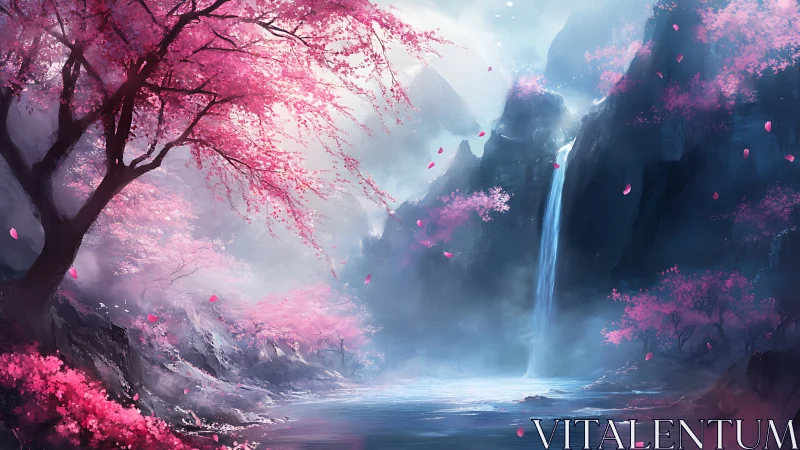 Digital painting of ethereal cherry grove and mountain waterfall.
