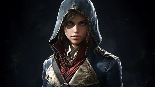 Hooded rogue portrait in high-contrast cinematic digital rendering
