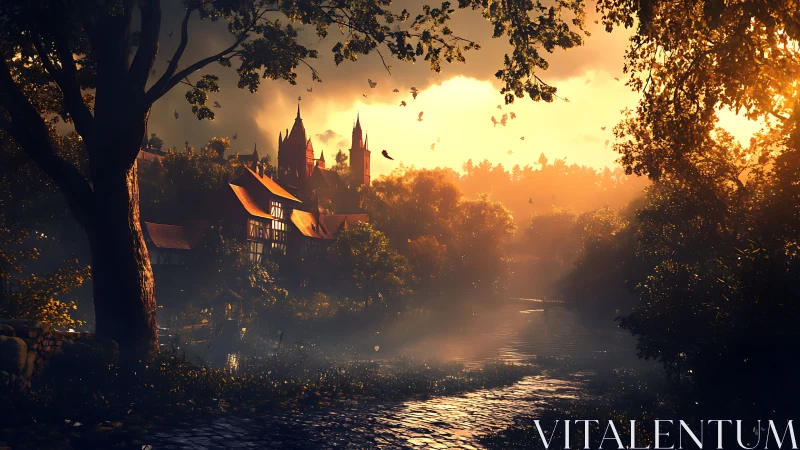 Golden river path winding toward a storybook village at dusk.