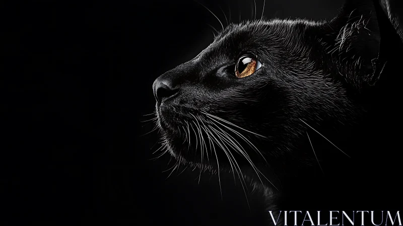 Black cat head in profile against dark background with amber eye