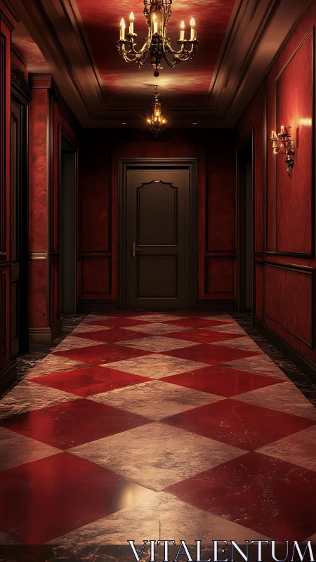 Red-lit luxury hallway glows with ornate chandeliers.