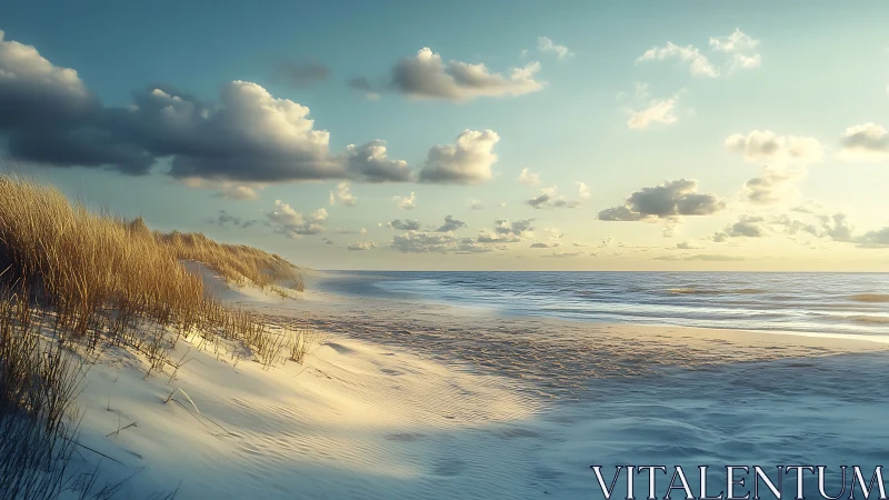 Photorealistic coastal dunes under low sunset side lighting.