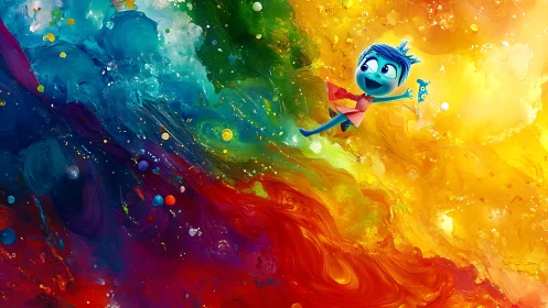 Chromatic fluid vortex encircles stylized blue character in motion