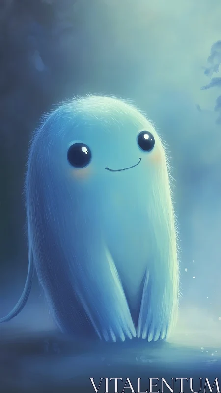 Blue furred creature in misty environment, frontal view.