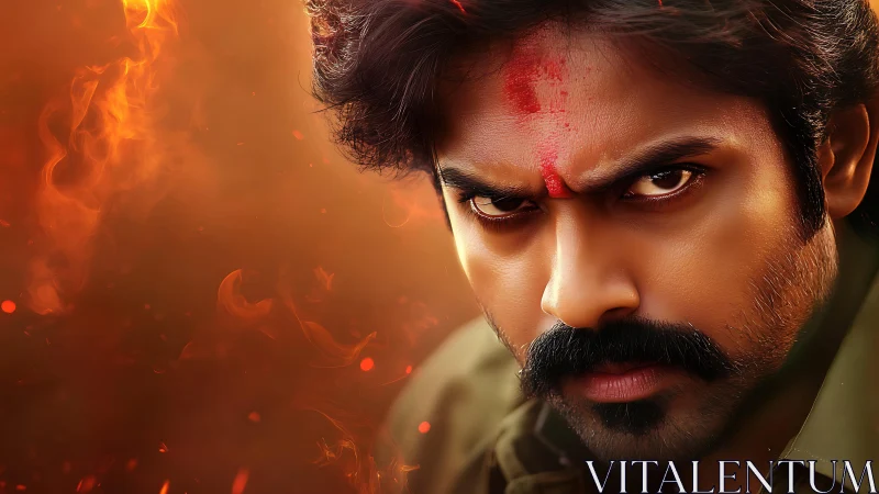 Firelit warrior gaze carves intensity through molten silence