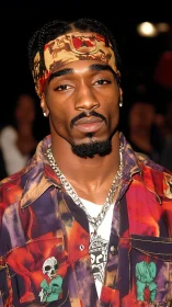 Stylish man with patterned shirt and headscarf faces camera