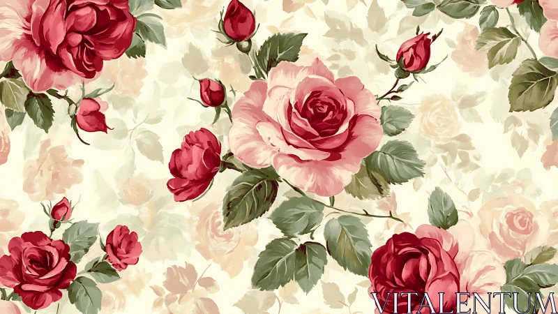 Vintage rose floral pattern with red and pink blossoms.