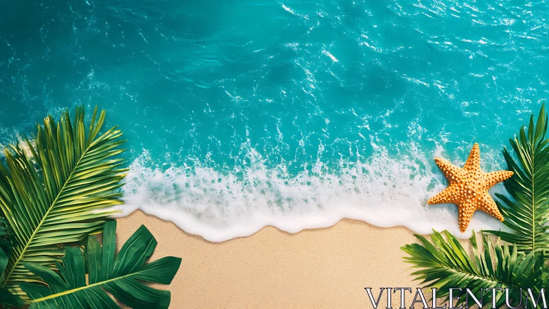 Starfish rests on tropical beach beside turquoise shoreline