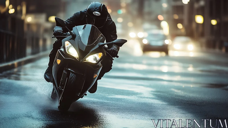Sport motorcycle rider leaning into wet city street curve.