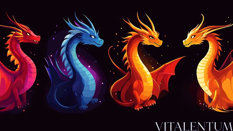 Quadruple elemental dragon lineup in saturated neon palettes