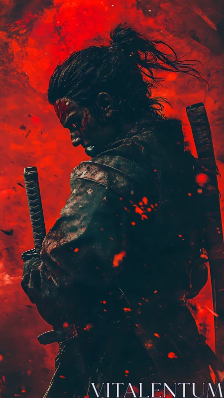Samurai profile with swords against dense red backdrop.