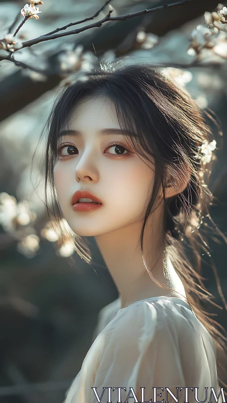 Soft backlit portrait of young woman in spring blossoms