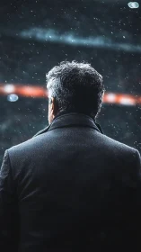 Rear view of man in dark coat under falling rain outdoors.