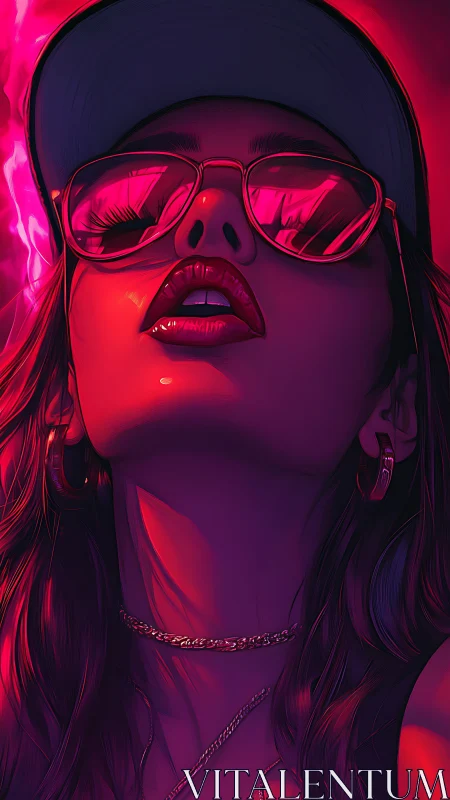 Neon lit close up of woman in cap and reflective glasses.