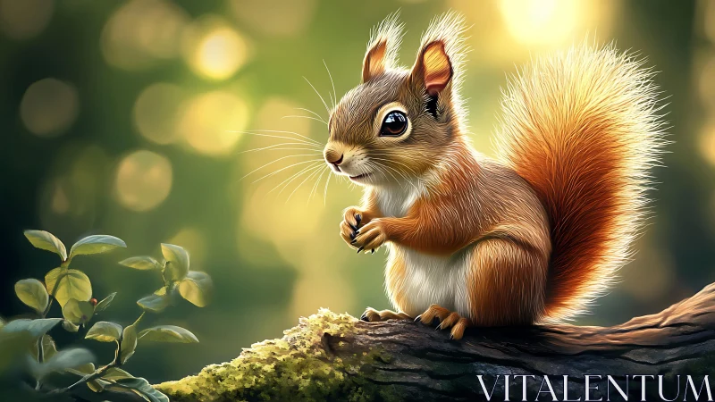 Digital red squirrel on mossy branch under soft bokeh light.