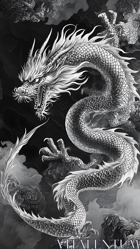 Monochrome Eastern dragon coils through storm-laden clouds.
