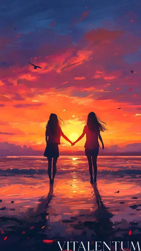 Sunset sisters sharing quiet magic by the glowing shore.