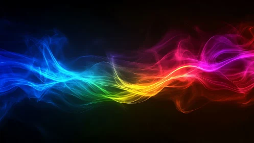 Vibrant rainbow light waves over deep black background.
