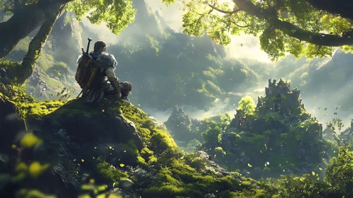 Solitary warrior overlooking misty forest citadel at dawn.