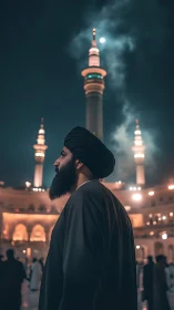 Nocturnal mosque courtyard portrait under illuminated minarets.
