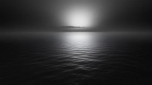 Monochrome ocean horizon under high contrast axial light field.