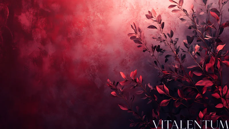 Crimson foliage silhouette against textured gradient wall.