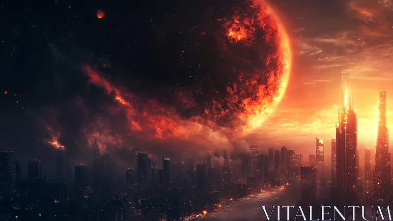 Burning planet looms above dense futuristic city skyline