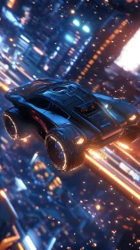 Midnight hover-car blazes through neon-sparked skyways.