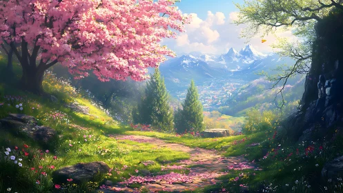 Mountain valley path with blossom trees and distant town.