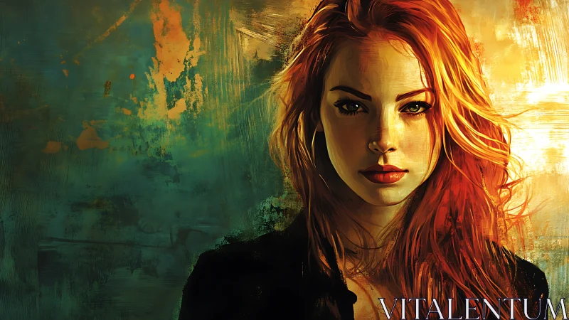 Fiery-haired woman portrait against teal and gold backdrop.